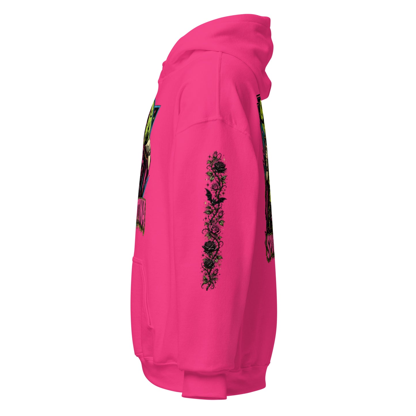 Left side profile view mockup of a heliconia pink unisex pullover hoodie highlighting the gothic dark rose floral sleeve print