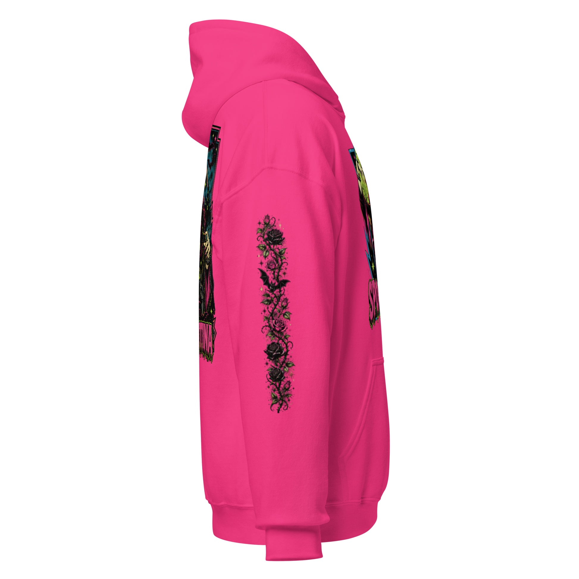 Right side profile view mockup of a heliconia pink unisex pullover hoodie with hood up showcasing the dark rose floral sleeve artwork