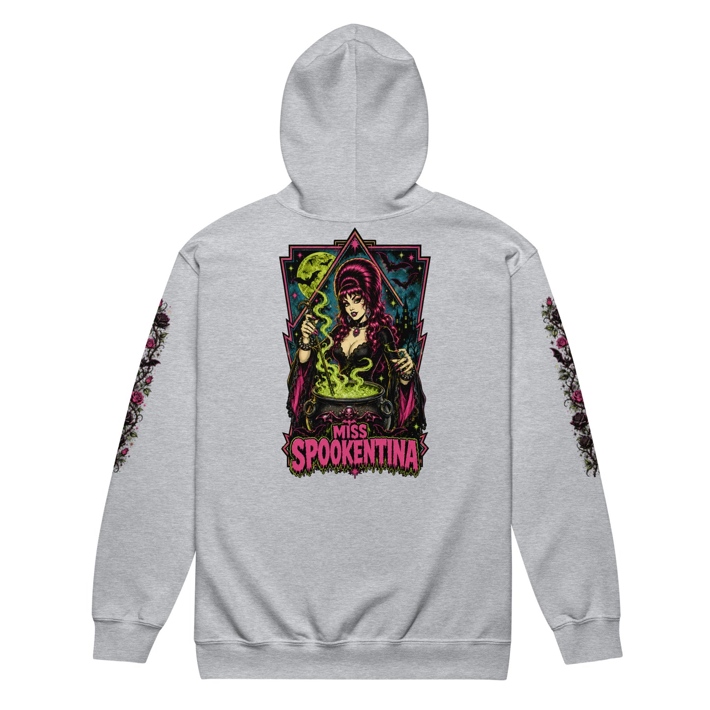 Back view mockup of a sport grey unisex heavy blend zip hoodie featuring a vintage gothic witch brewing a cauldron with banner reading Miss Spookentina and dark floral sleeve prints