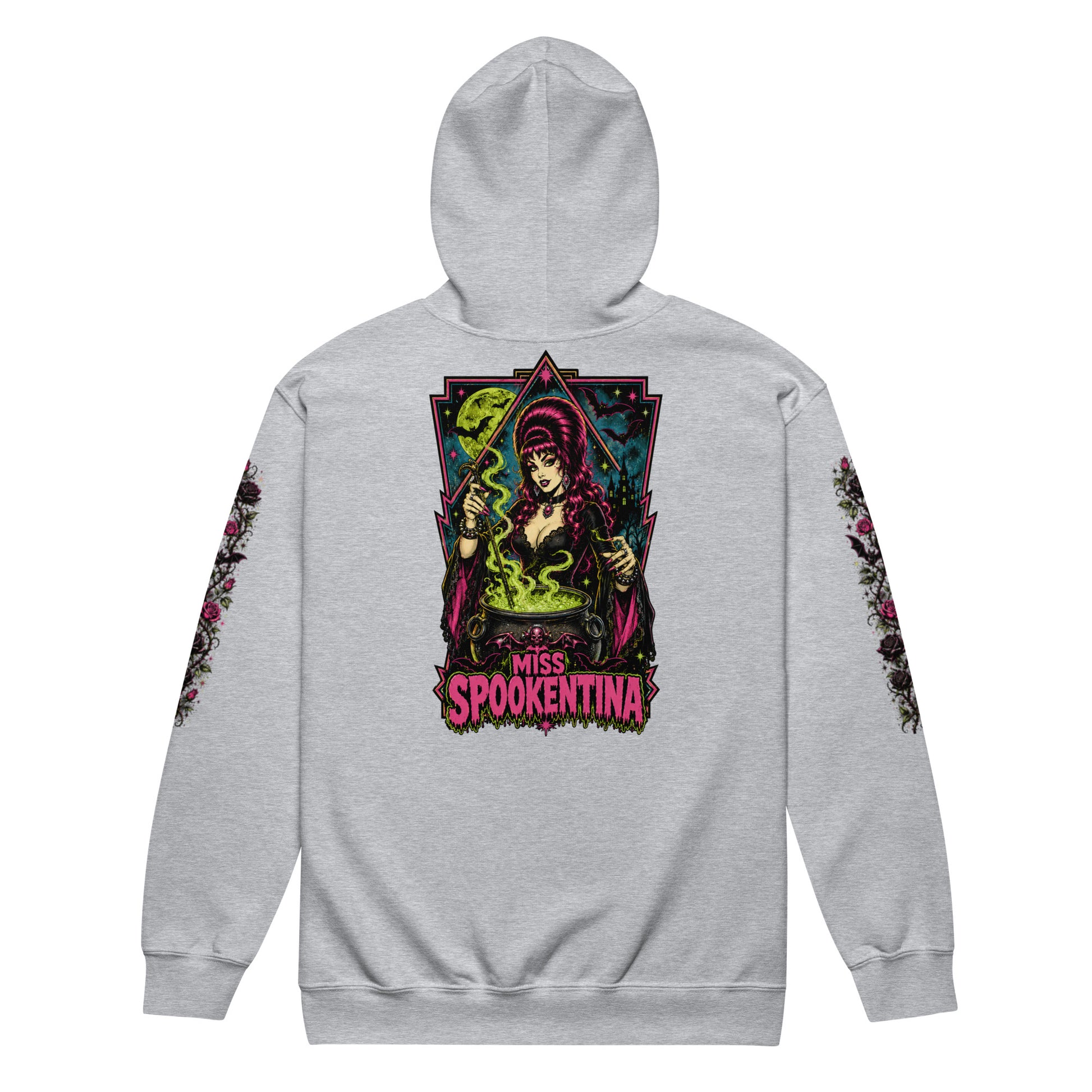Back view mockup of a sport grey unisex heavy blend zip hoodie featuring a vintage gothic witch brewing a cauldron with banner reading Miss Spookentina and dark floral sleeve prints