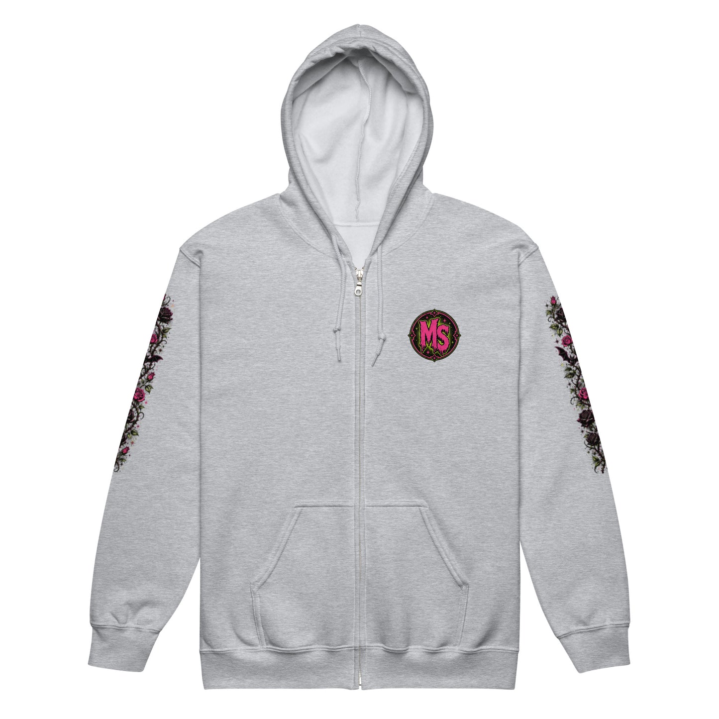 Front view mockup of a sport grey unisex heavy blend zip hoodie featuring a pink MS chest emblem, full metal zipper, front split pouch pockets, and gothic dark rose floral sleeve prints