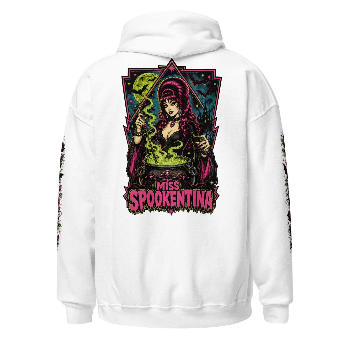 Back view mockup of a white unisex pullover hoodie featuring gothic witch Miss Spookentina brewing a cauldron back graphic