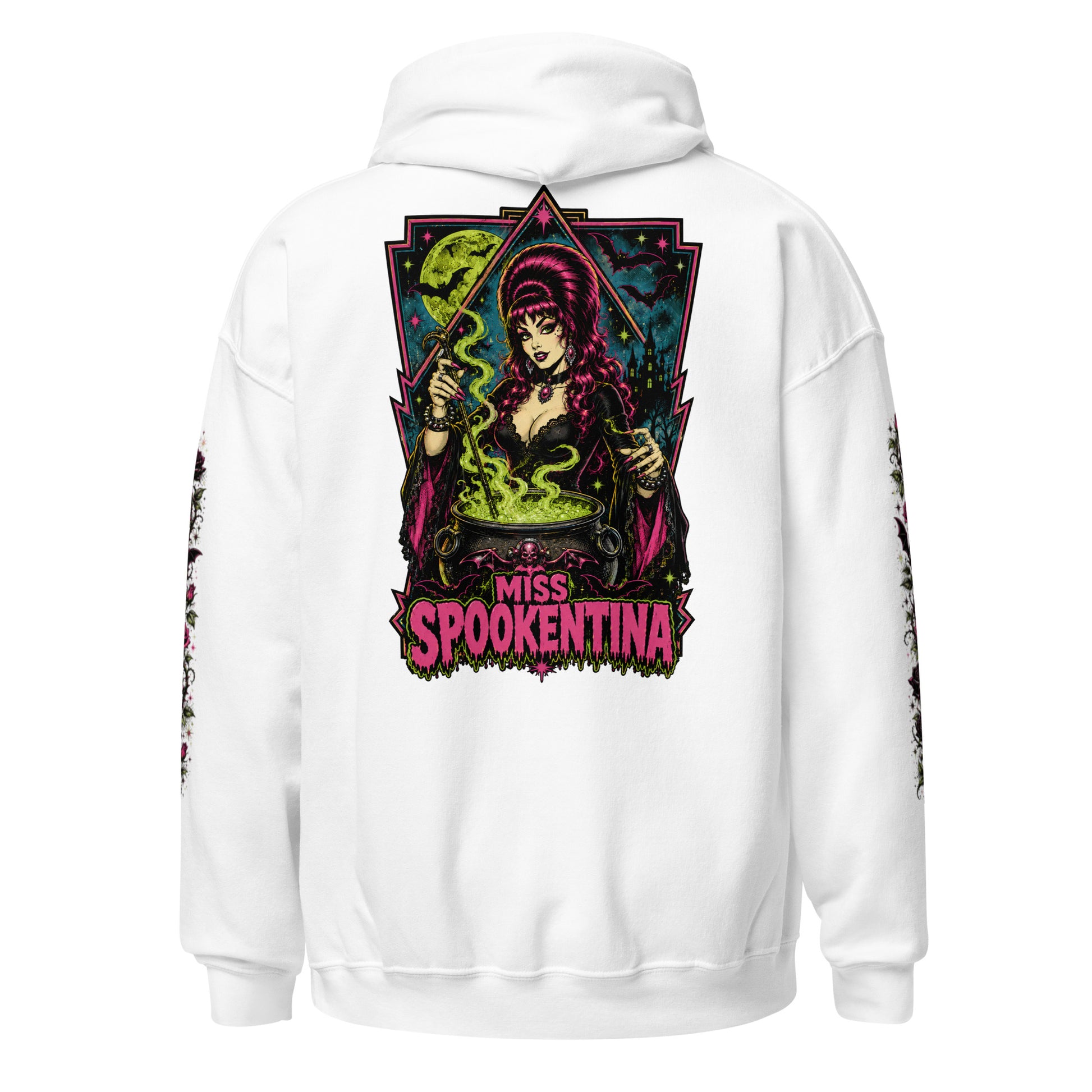 Back view mockup of a white unisex pullover hoodie featuring gothic witch Miss Spookentina brewing a cauldron back graphic