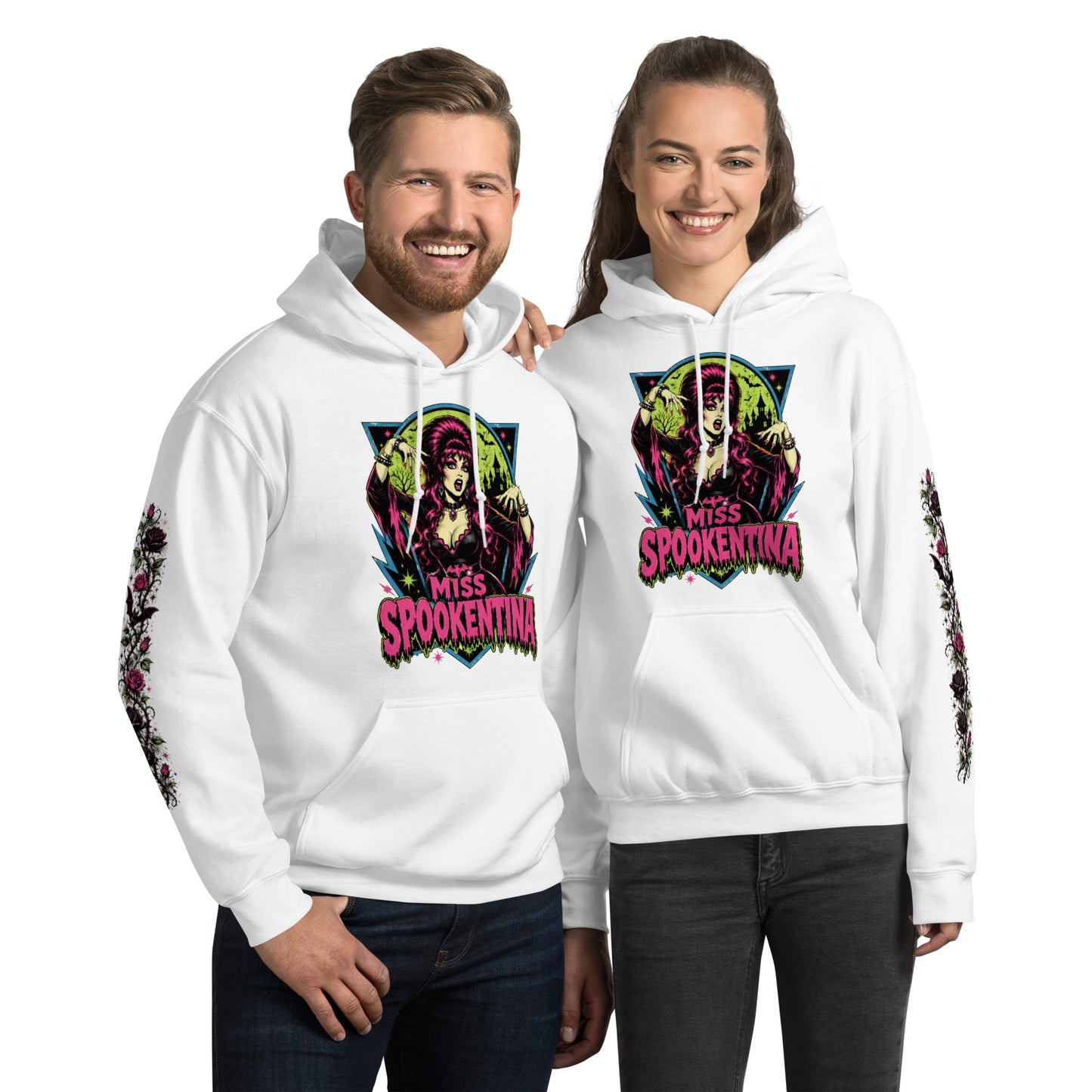 Male and female models posing together in matching white Miss Spookentina unisex pullover hoodies