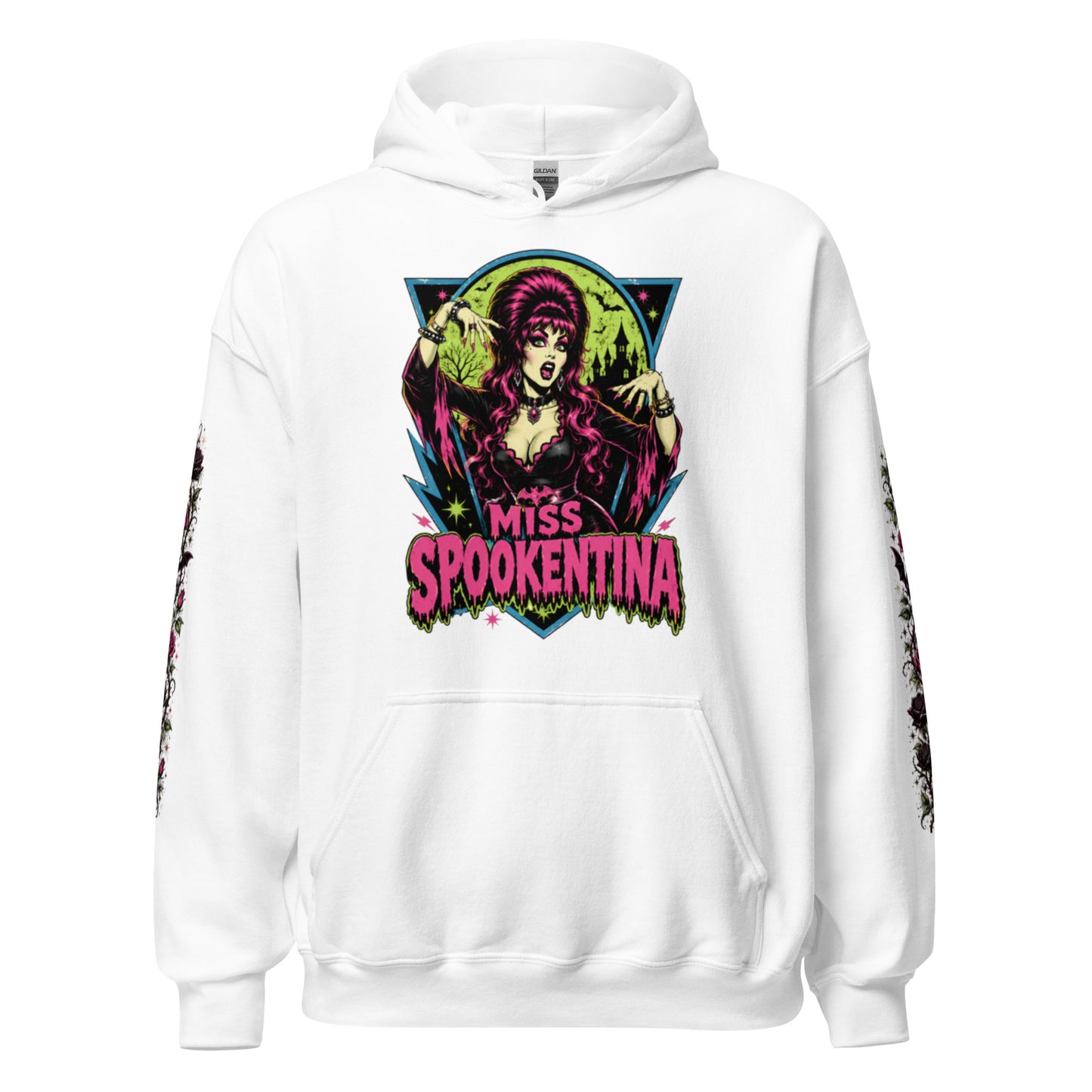 Front view mockup of a white unisex pullover hoodie featuring a pink MS chest crest and dark rose floral sleeve prints