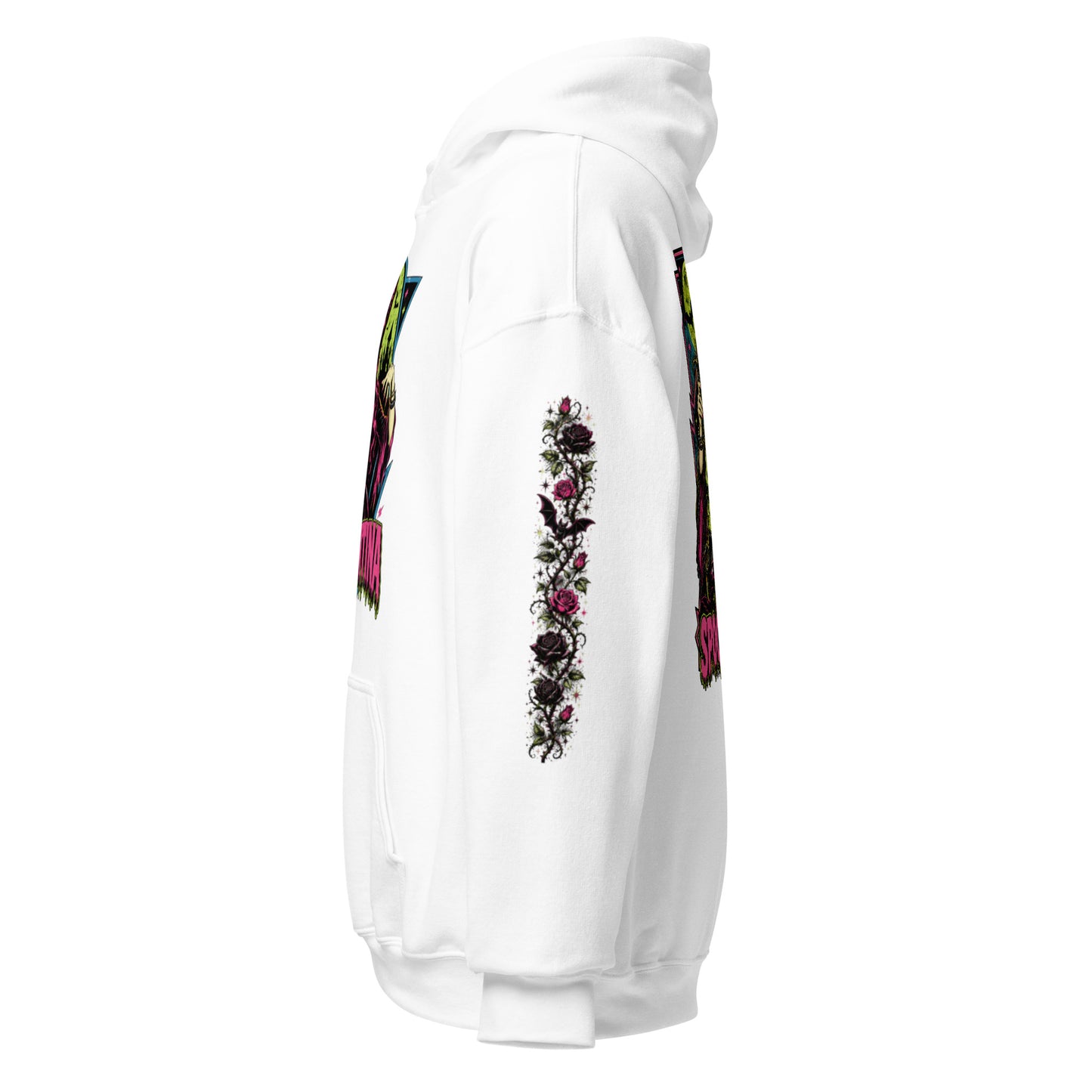 Left side profile view mockup of a white unisex pullover hoodie highlighting the dark floral sleeve print