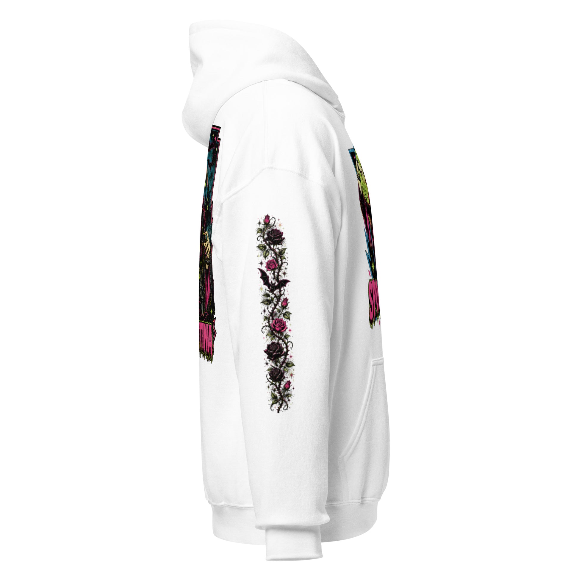 Right side profile view mockup of a white unisex pullover hoodie with hood up showcasing the dark floral rose sleeve artwork