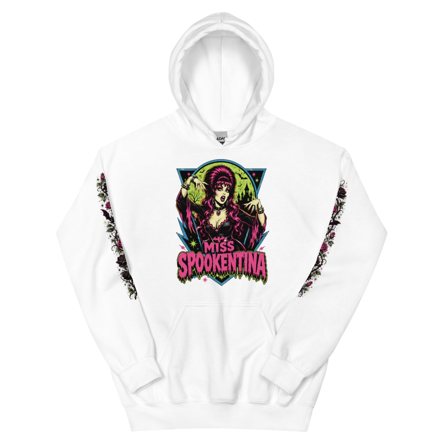 Front view mockup of a white unisex pullover hoodie featuring vintage gothic witch Miss Spookentina brewing a cauldron with dark rose floral sleeve prints