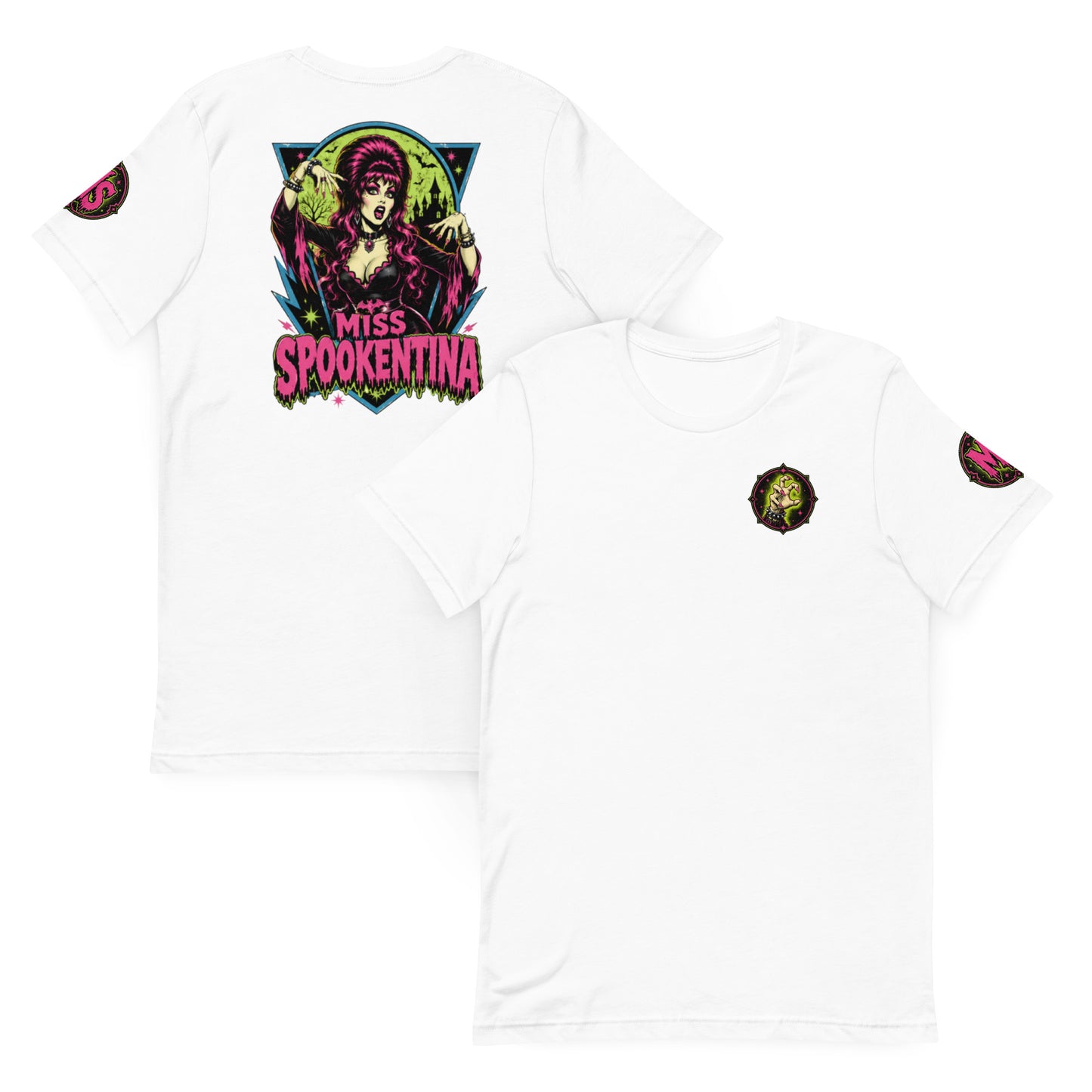 Folded flat lay of a white unisex graphic t-shirt showing the front chest emblem and back Miss Spookentina witch design