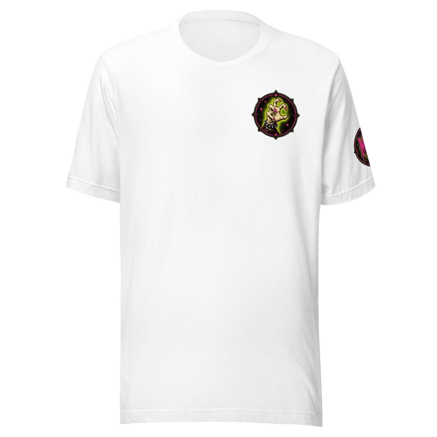 Front view mockup of a white unisex graphic t-shirt with round chest emblem