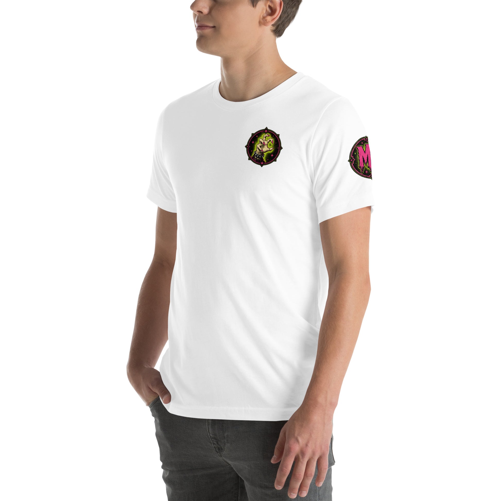 Male model wearing a white unisex graphic t-shirt with subtle chest emblem