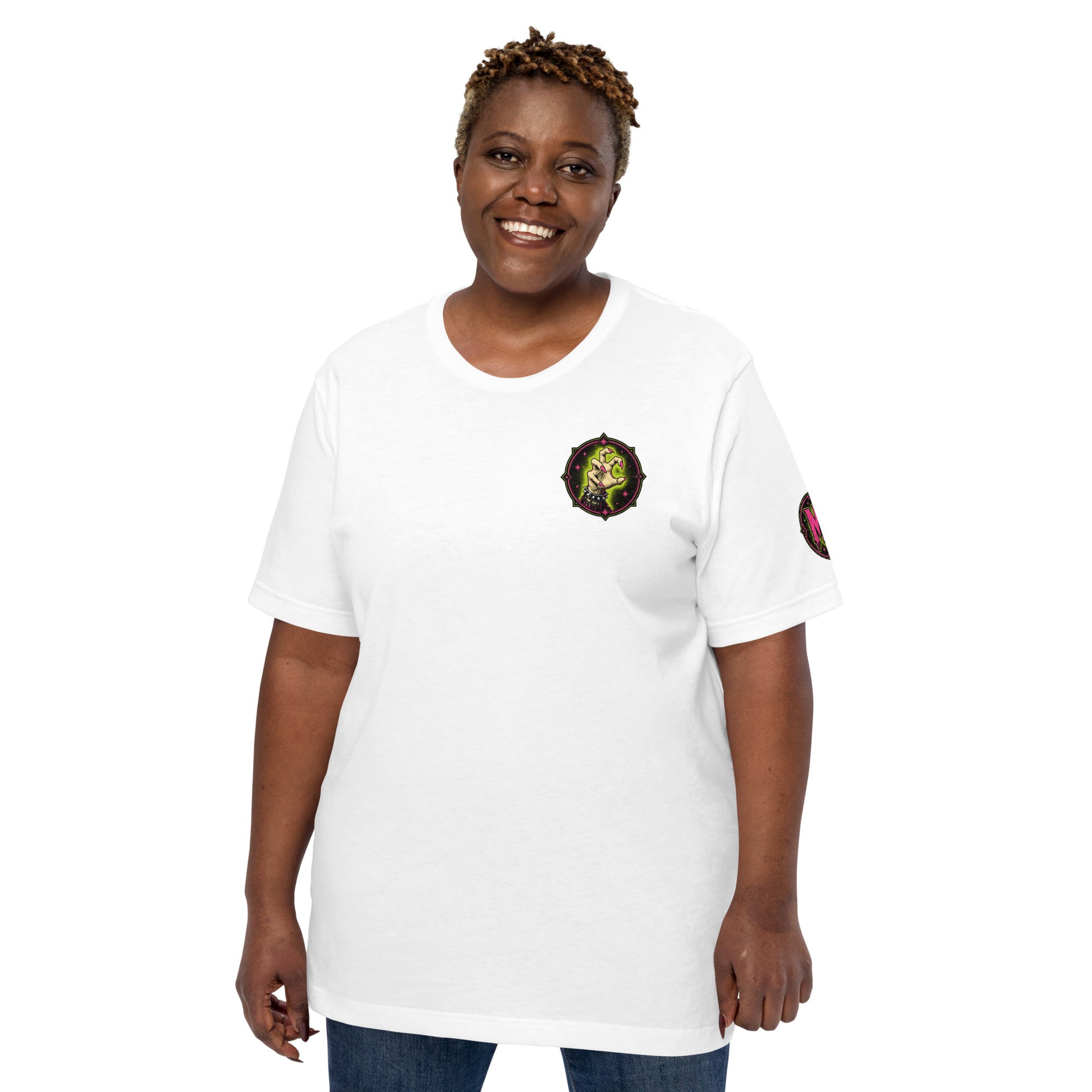 Product mockupMale model wearing a white unisex cotton graphic tee with round chest graphic