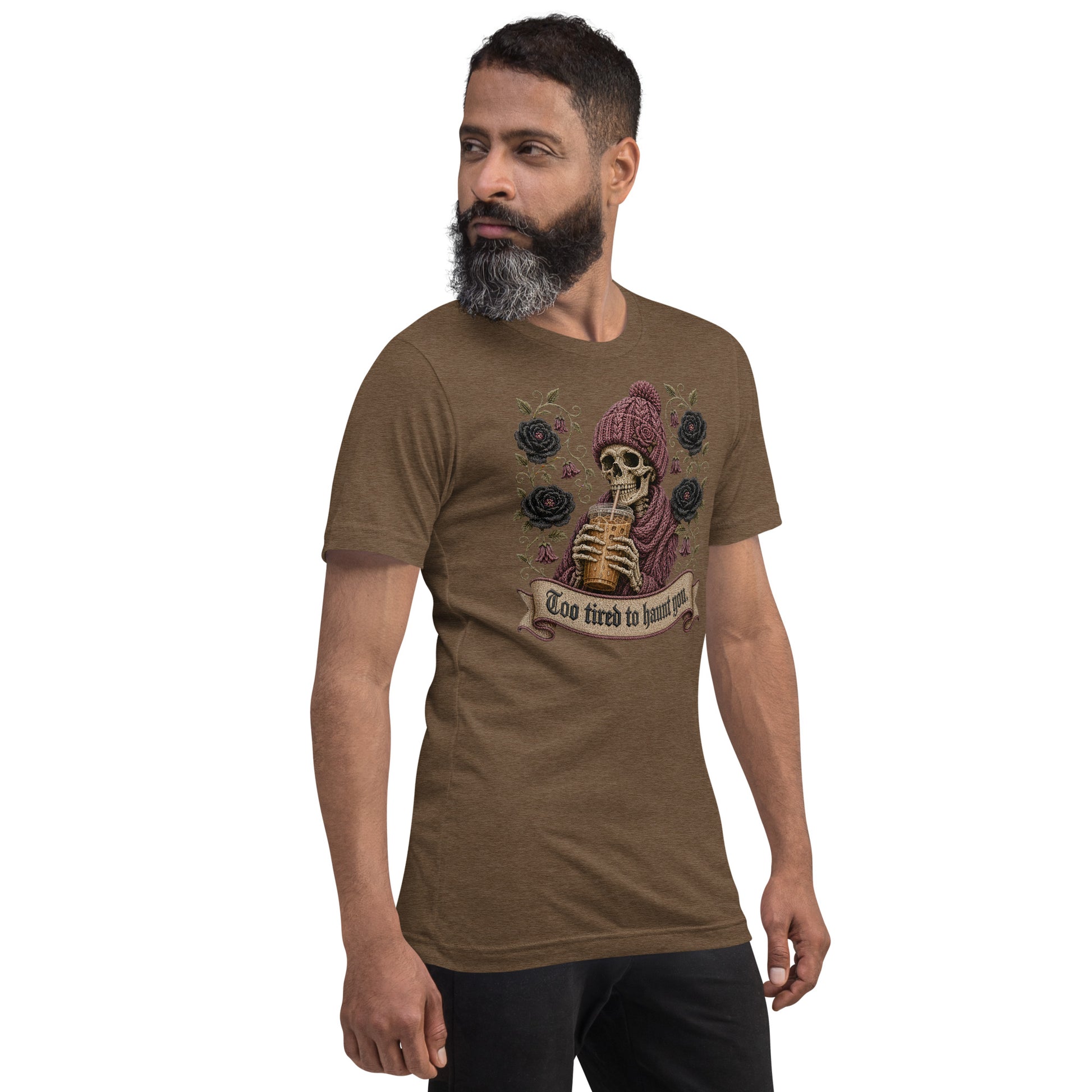 Male model wearing heather brown unisex t-shirt featuring gothic skeleton and iced coffee artwork