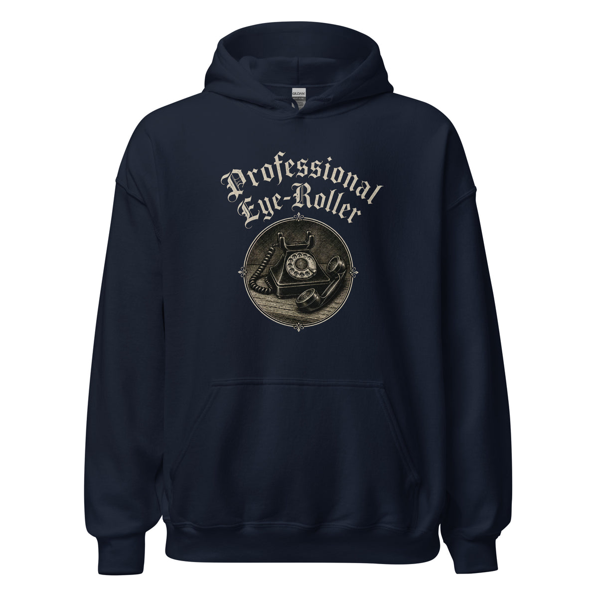 Front view mockup of a navy blue unisex hoodie featuring a retro graphic reading Professional Eye-Roller