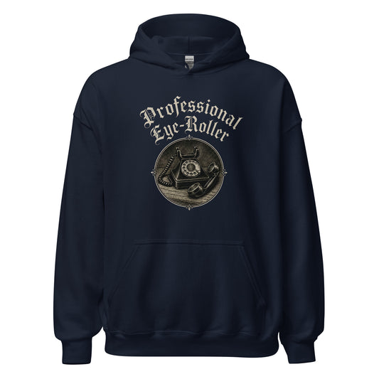 Front view mockup of a navy blue unisex hoodie featuring a retro graphic reading Professional Eye-Roller