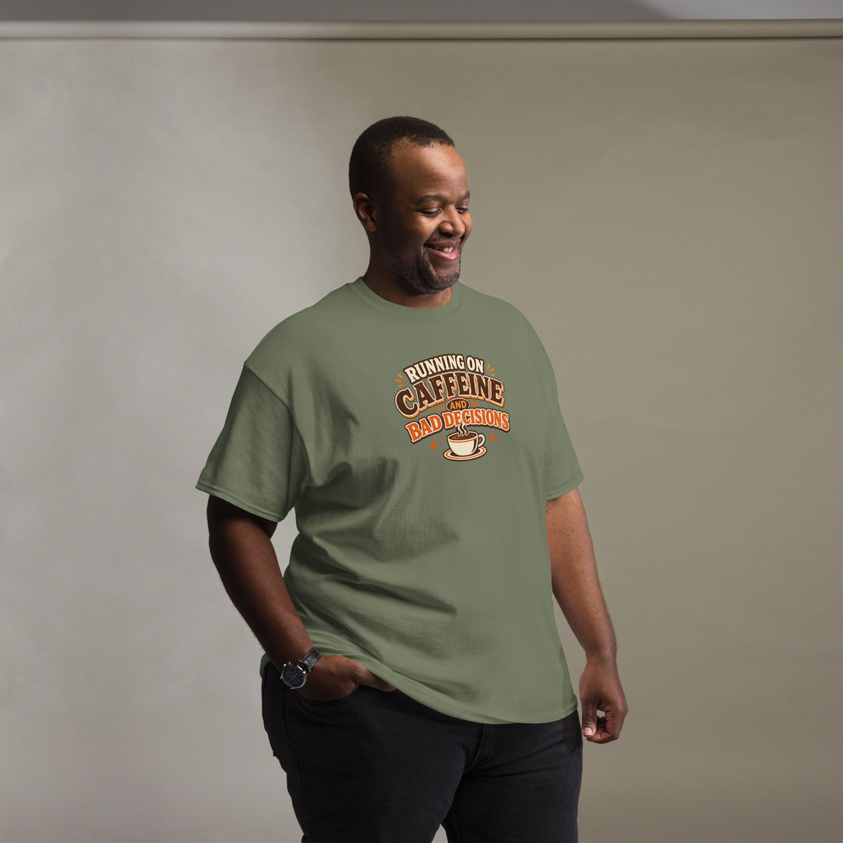 Front view of a female model wearing a military green unisex t-shirt featuring a retro Running on Caffeine and Bad Decisions graphic