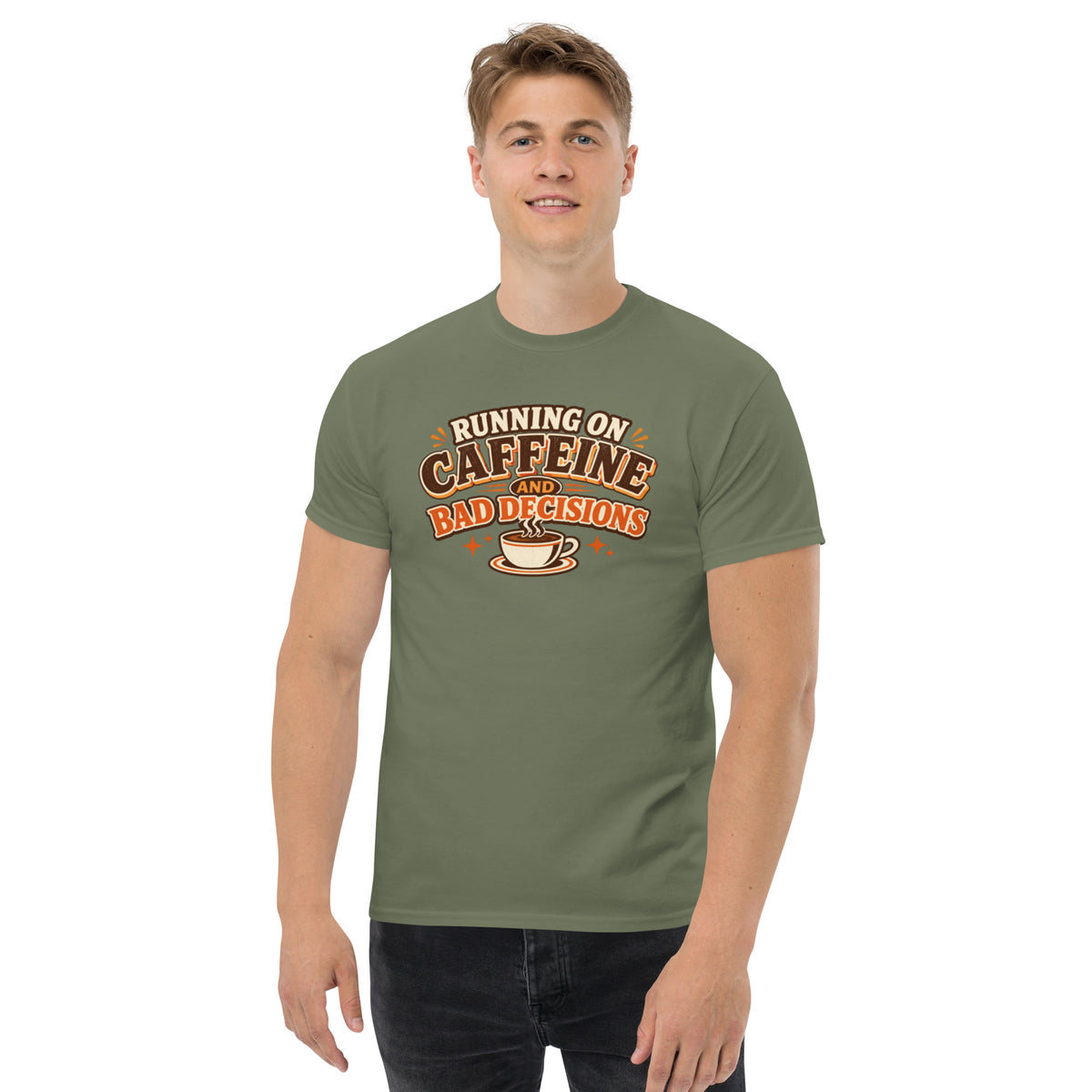 Front view of a male model wearing a military green unisex t-shirt with a retro Running on Caffeine and Bad Decisions graphic