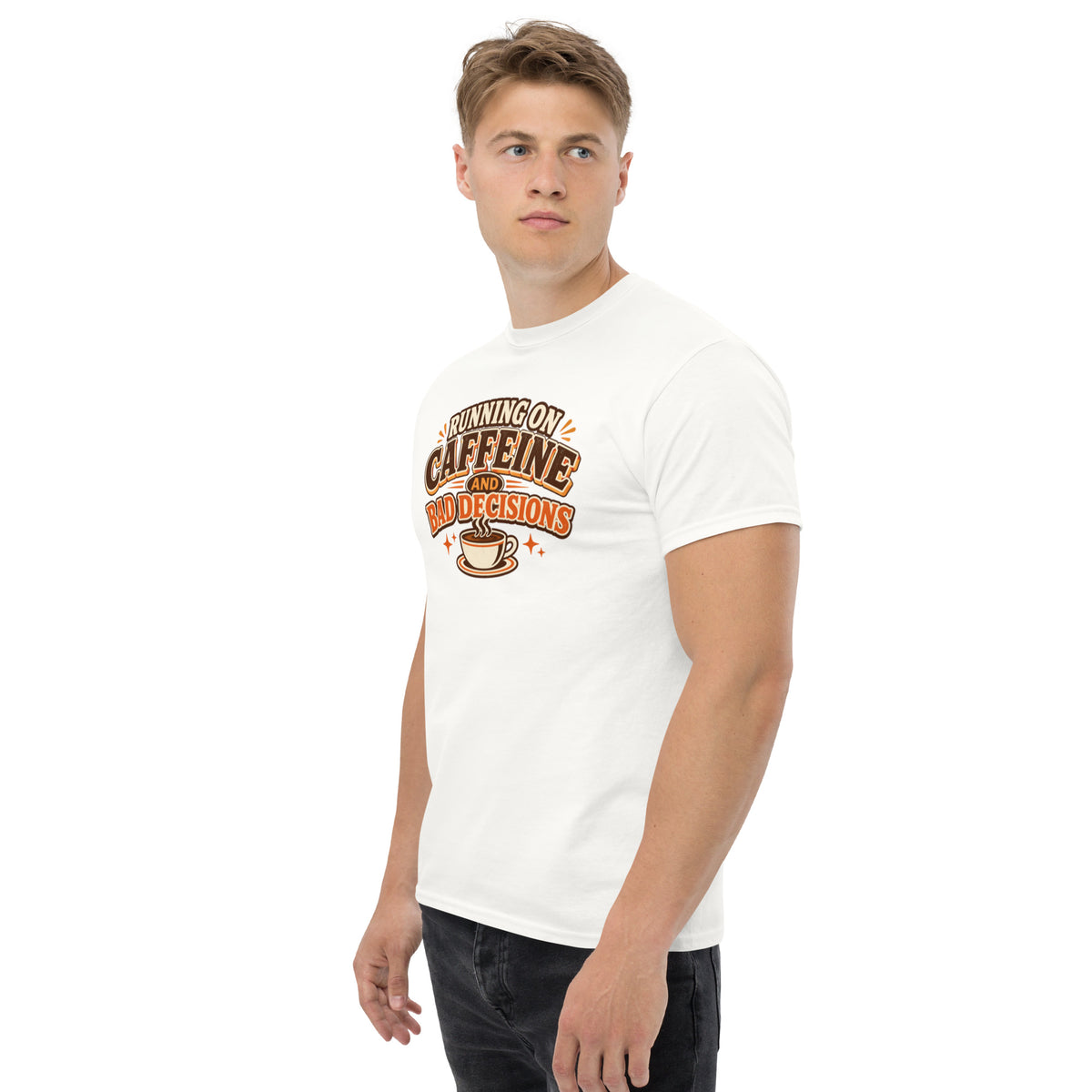 Front view of a smiling male model wearing a white unisex t-shirt featuring a retro Running on Caffeine and Bad Decisions graphic