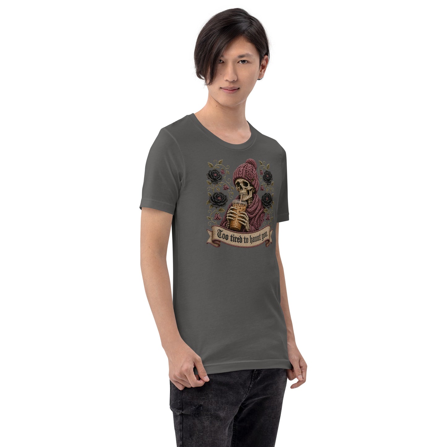Male model wearing asphalt dark gray t-shirt with spooky season iced coffee skeleton graphic