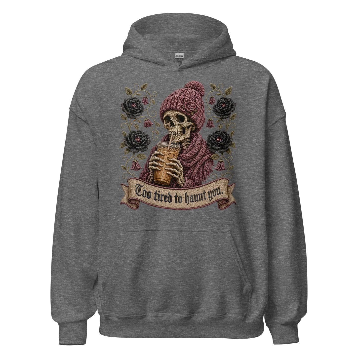 Graphite heather medium gray unisex hoodie mockup with gothic iced coffee skeleton and dark floral graphic reading Too Tired to Haunt You