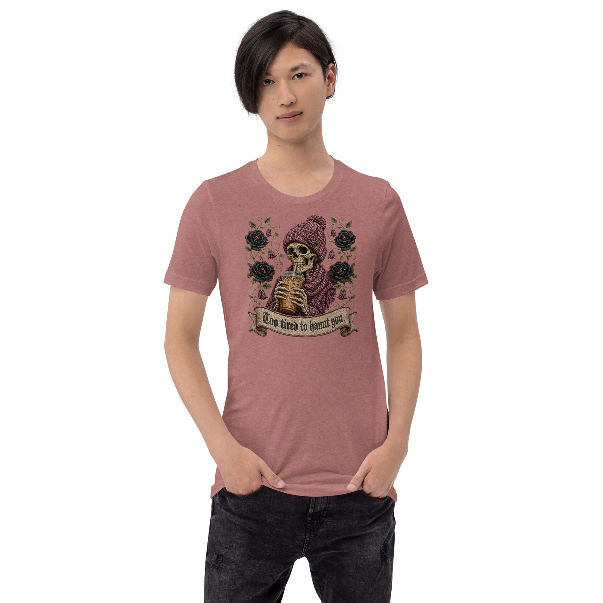 Female model wearing heather mauve graphic t-shirt with gothic skeleton iced coffee design