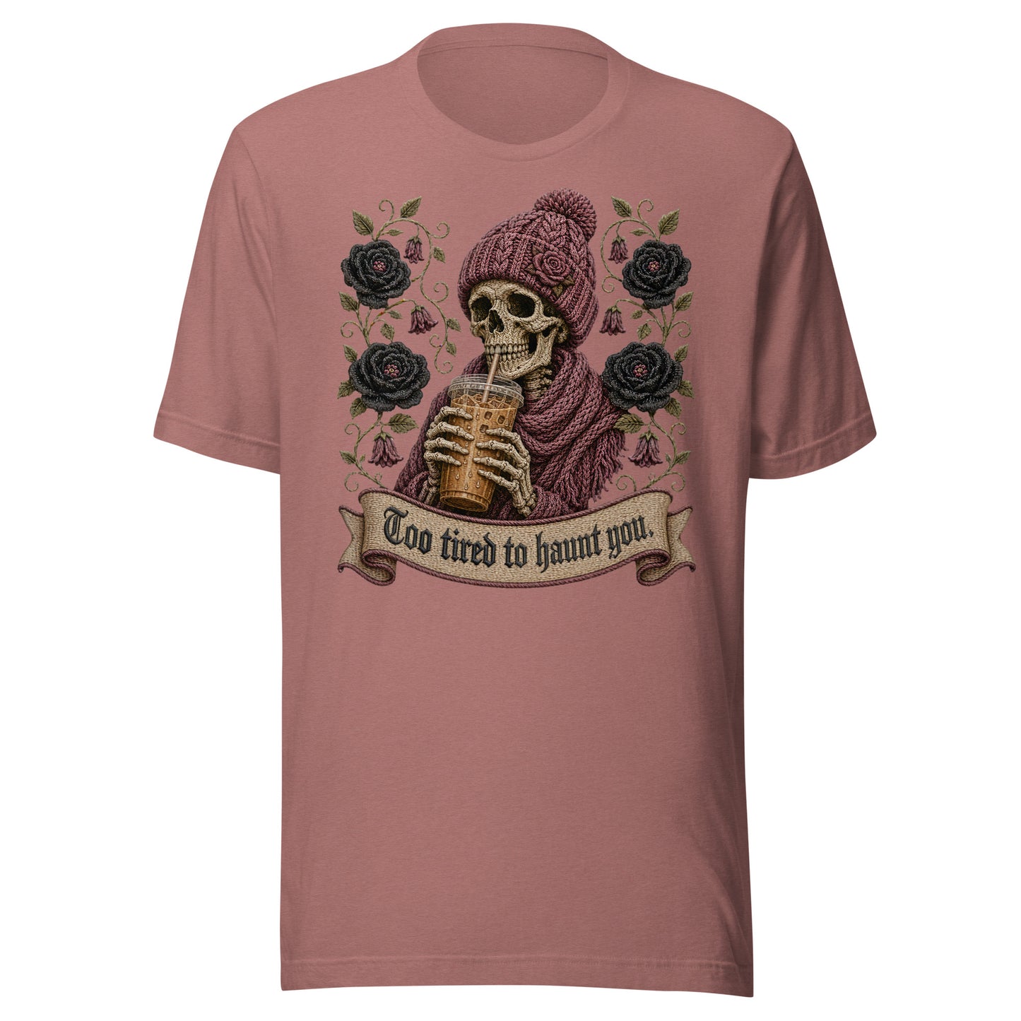 Heather mauve dusty pink unisex graphic t-shirt mockup with spooky skeleton sipping iced latte and floral graphic