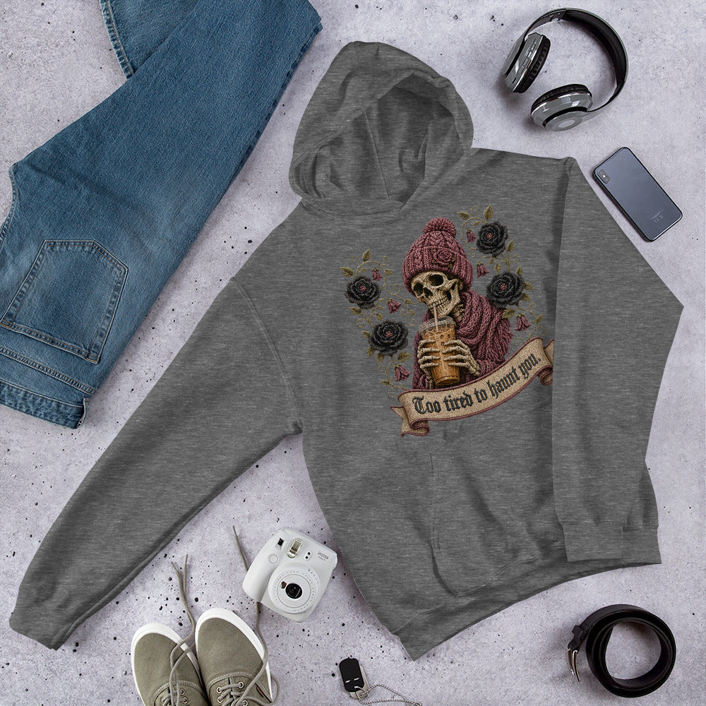 Close-up view of gothic skeleton holding iced coffee direct-to-garment print and soft fleece fabric texture