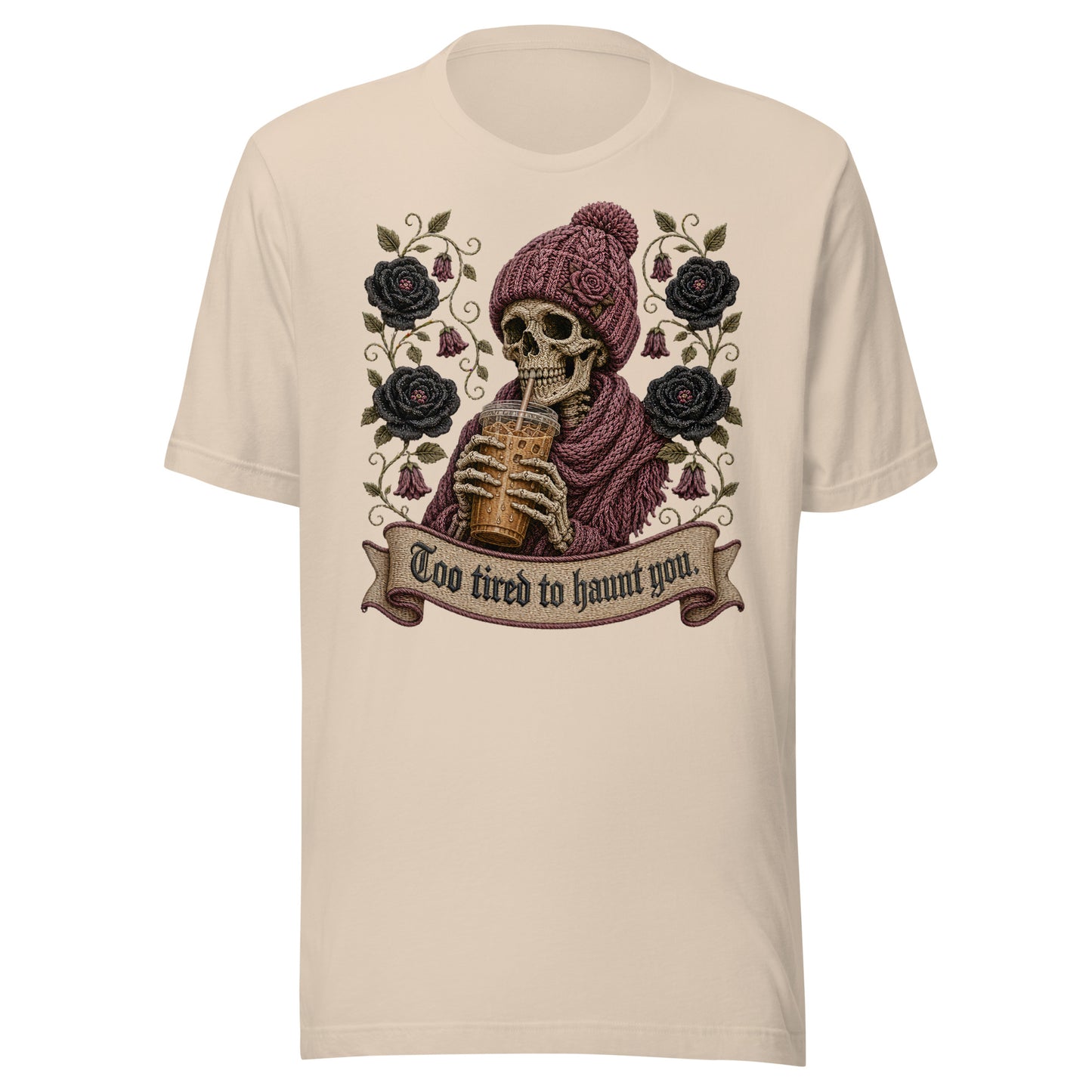 Soft cream beige unisex graphic t-shirt mockup featuring a tired skeleton drinking iced coffee with gothic roses