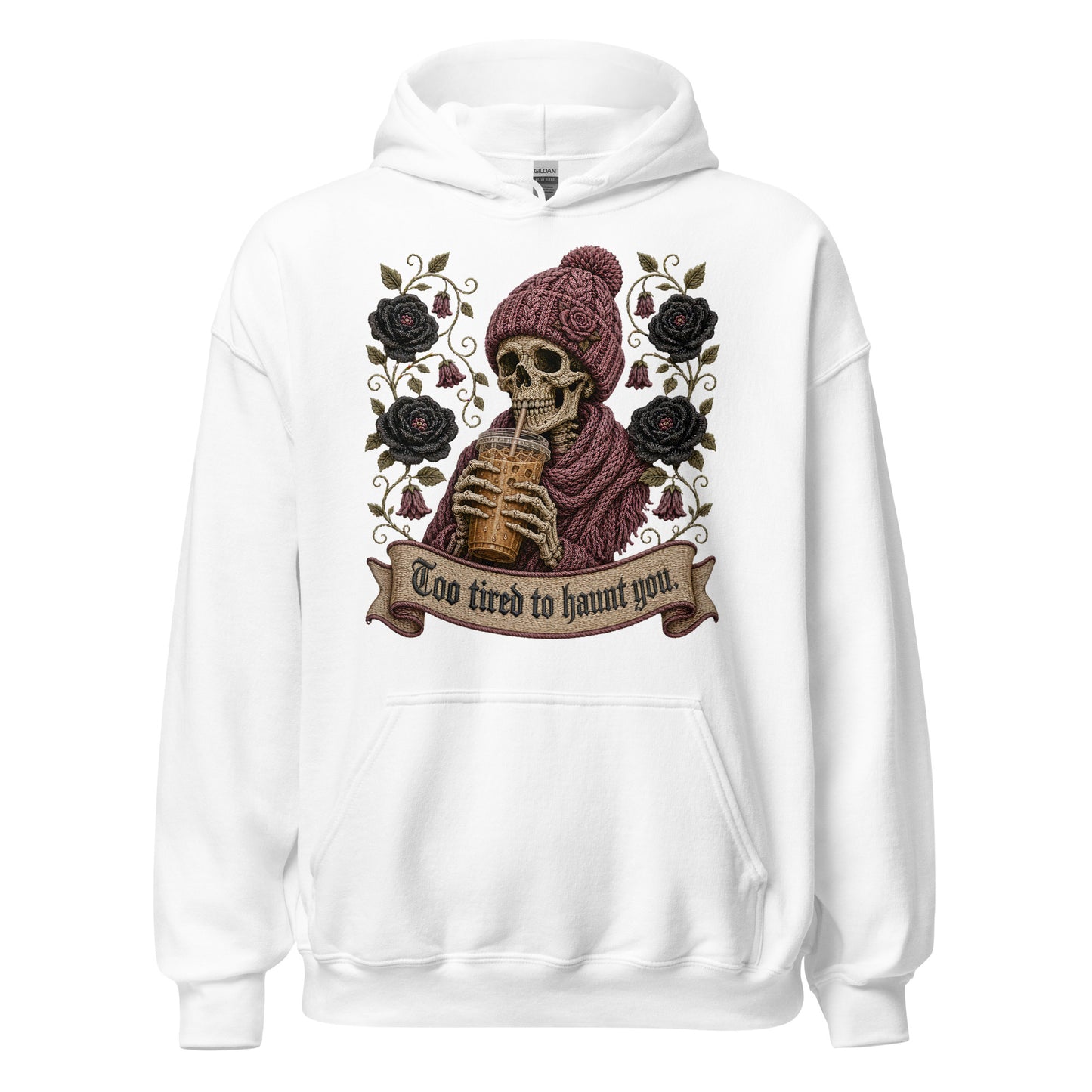 White unisex fleece hoodie mockup featuring a vintage gothic skeleton sipping iced coffee with roses and banner reading Too Tired to Haunt You