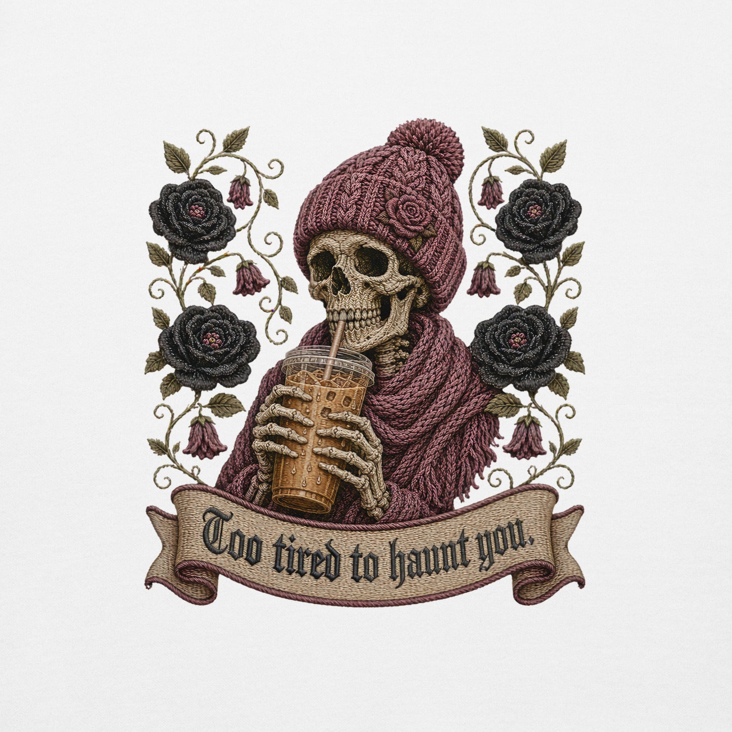 White unisex crewneck sweatshirt mockup featuring a gothic skeleton wearing a beanie and drinking iced coffee with dark floral accents and a banner reading "Too tired to haunt you"