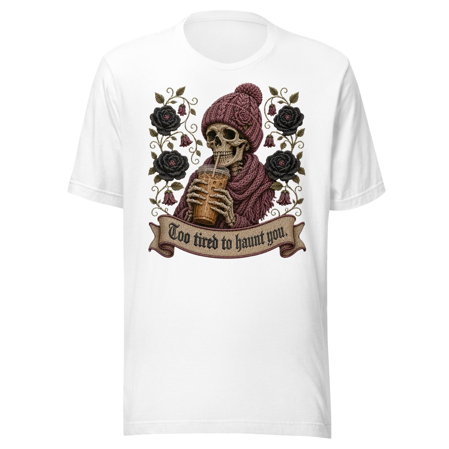 White unisex graphic t-shirt mockup with vintage gothic skeleton holding an iced coffee and banner reading Too Tired to Haunt You