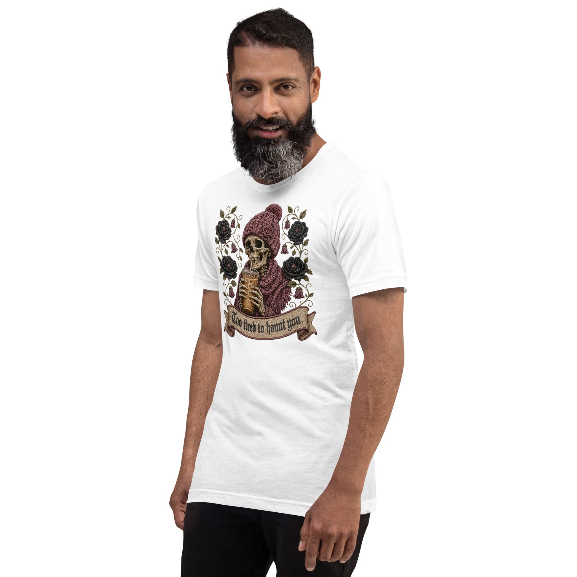 Bearded male model wearing white graphic t-shirt featuring gothic iced coffee skeleton illustration