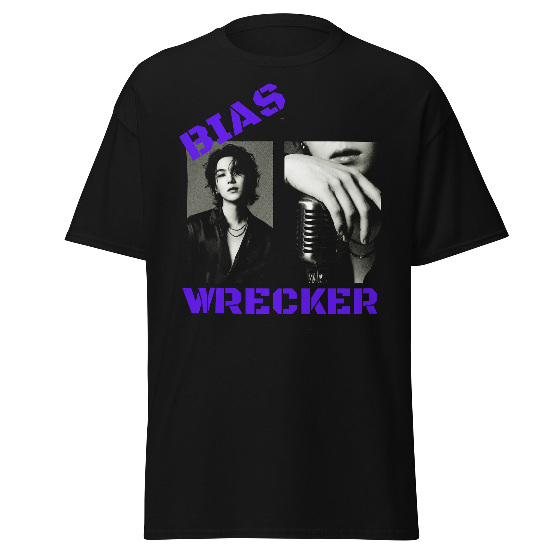Front view mockup of the white Bias Wrecker BTS Fan Tee showing the bold typographic graphic on a premium unisex t-shirt silhouette.
