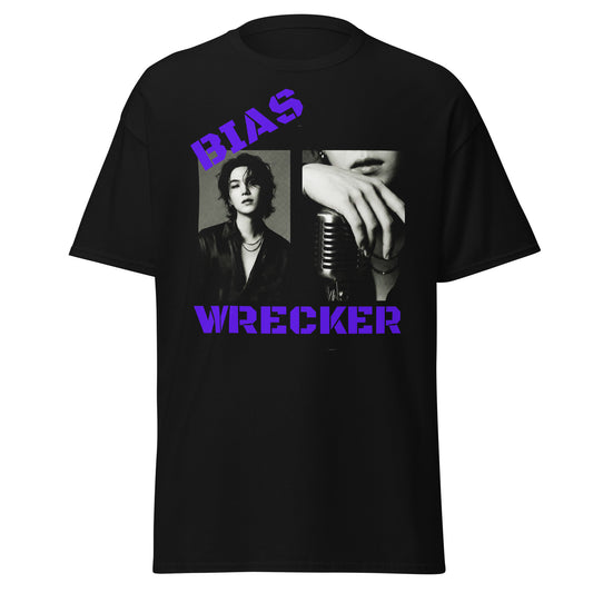 Front view mockup of the white Bias Wrecker BTS Fan Tee showing the bold typographic graphic on a premium unisex t-shirt silhouette.