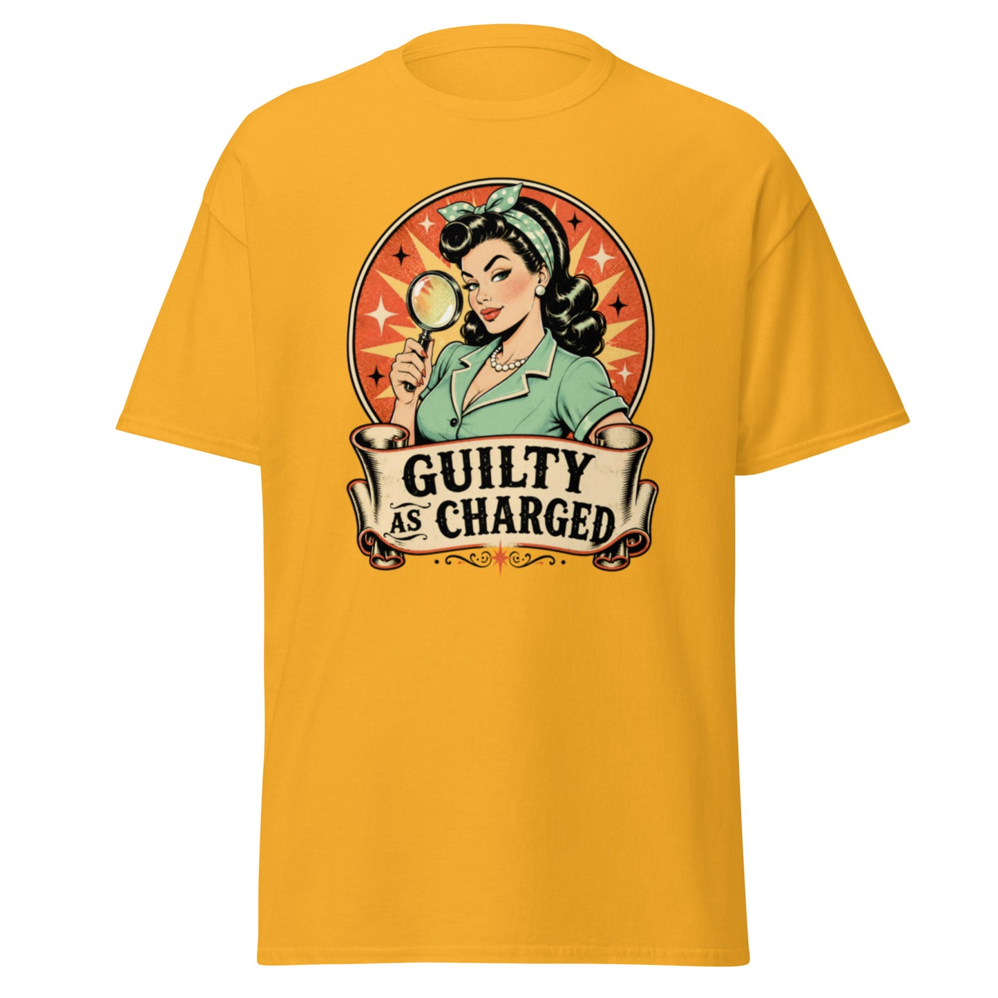 "Guilty As Charged" Graphic T-Shirt | Sarcastic Humor Unisex Classic Tee — detail close-up