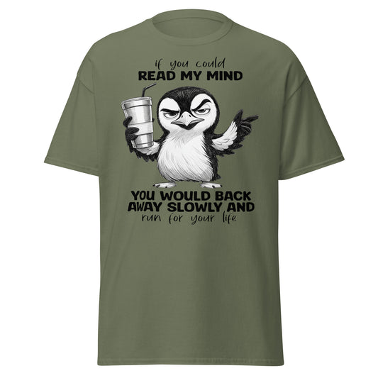 "Back Away Slowly" Grumpy Penguin Graphic Tee | Funny Coffee & Sarcasm Unisex Cl — front view