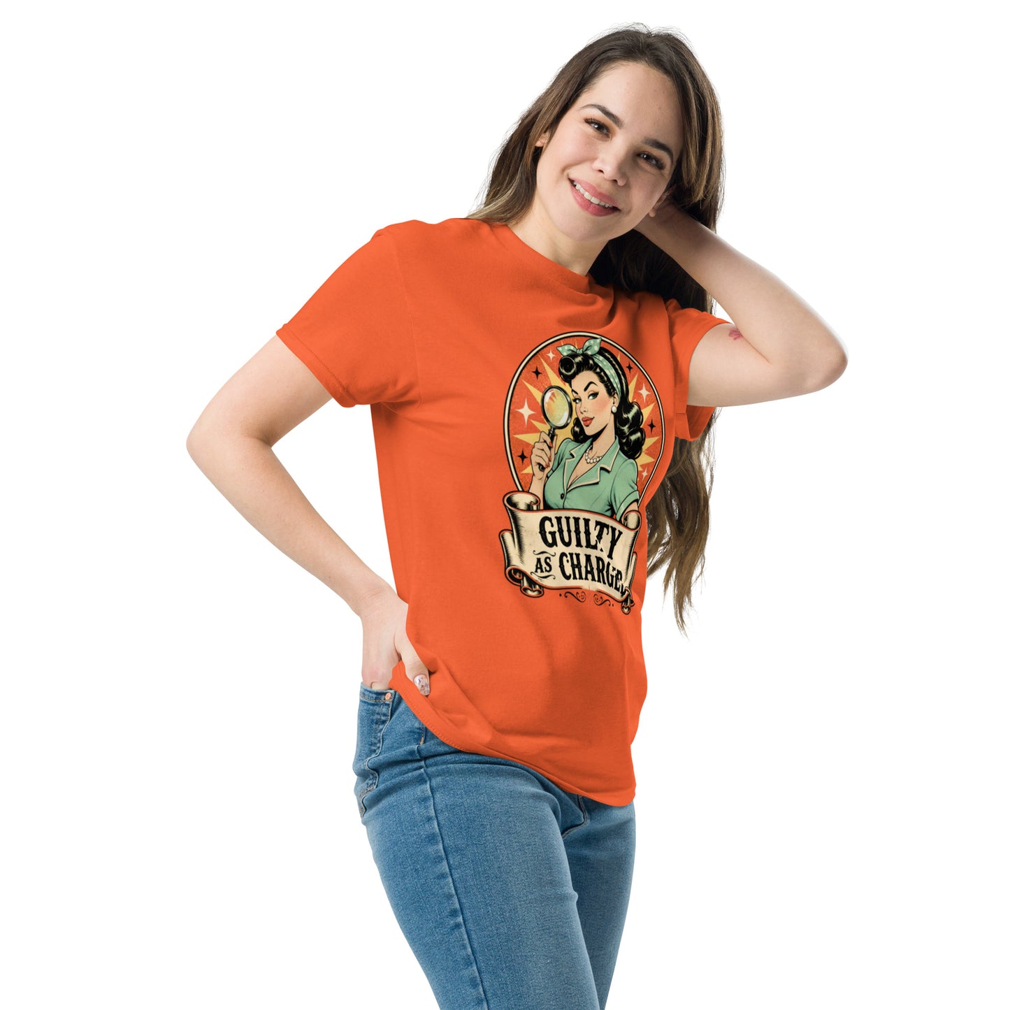 "Guilty As Charged" Graphic T-Shirt | Sarcastic Humor Unisex Classic Tee — fabric detail