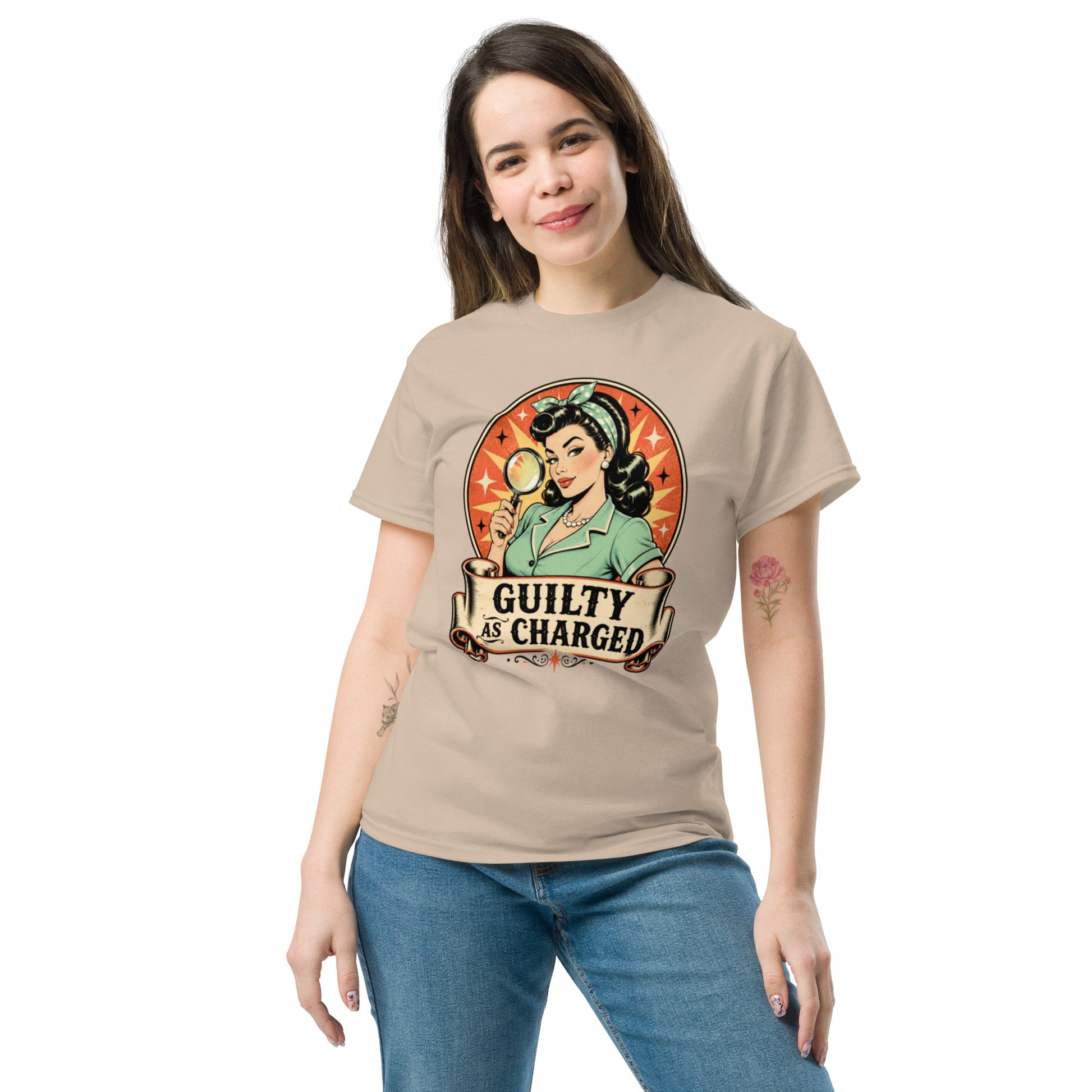 "Guilty As Charged" Graphic T-Shirt | Sarcastic Humor Unisex Classic Tee — size chart