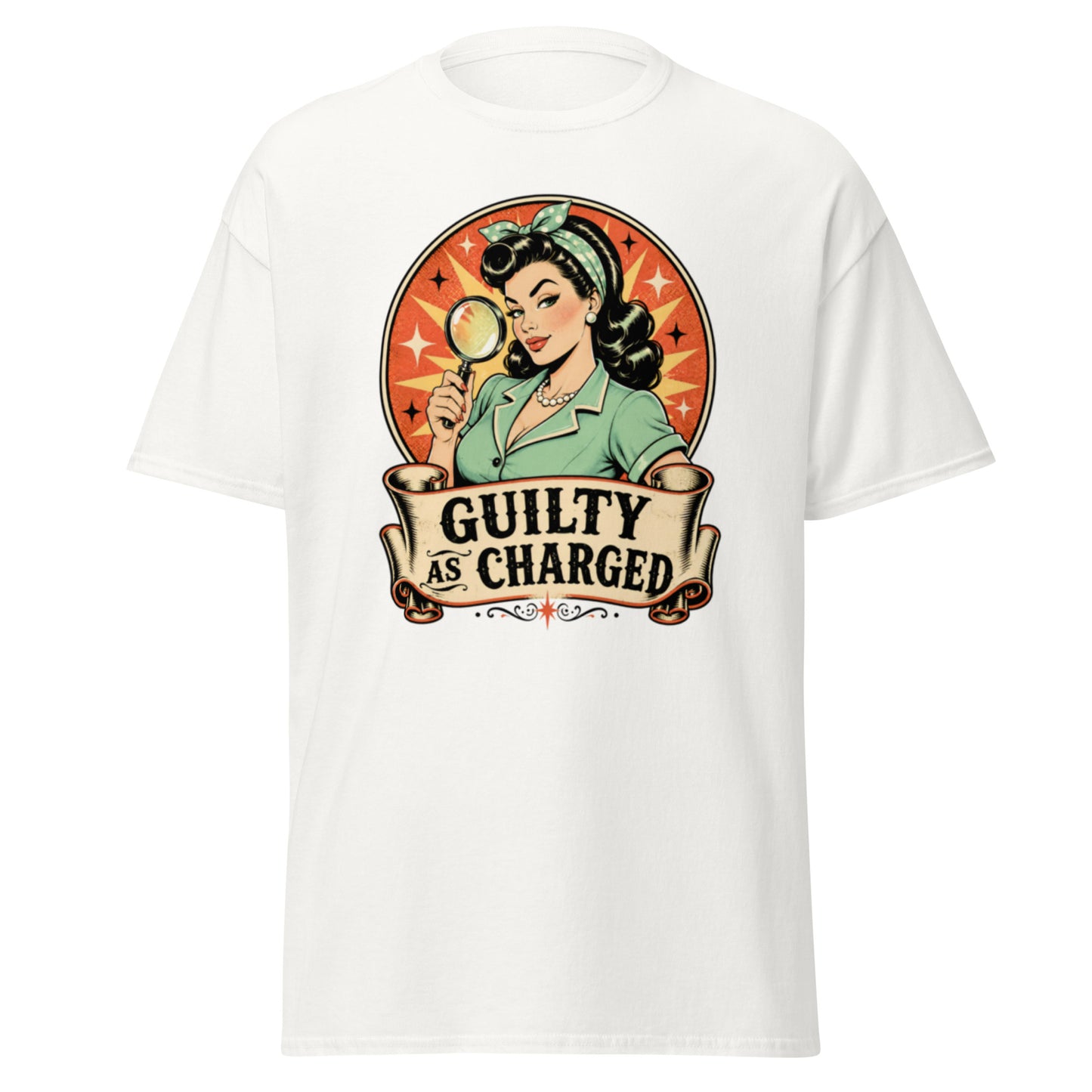 "Guilty As Charged" Graphic T-Shirt | Sarcastic Humor Unisex Classic Tee — lifestyle model view