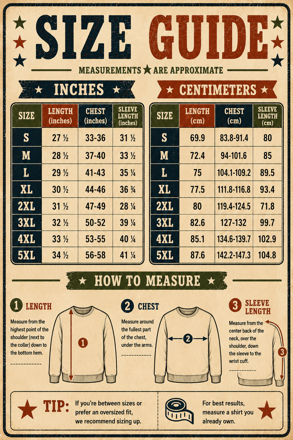 Vintage style unisex crewneck sweatshirt size guide chart showing length, chest, and sleeve measurements in inches and centimeters for sizes S through 5XL with measuring instructions