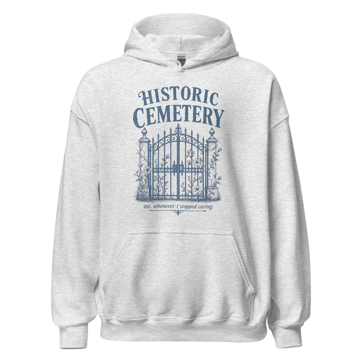 Historic Cemetery Gates graphic printed on the front of an ash gray unisex pullover hoodie.