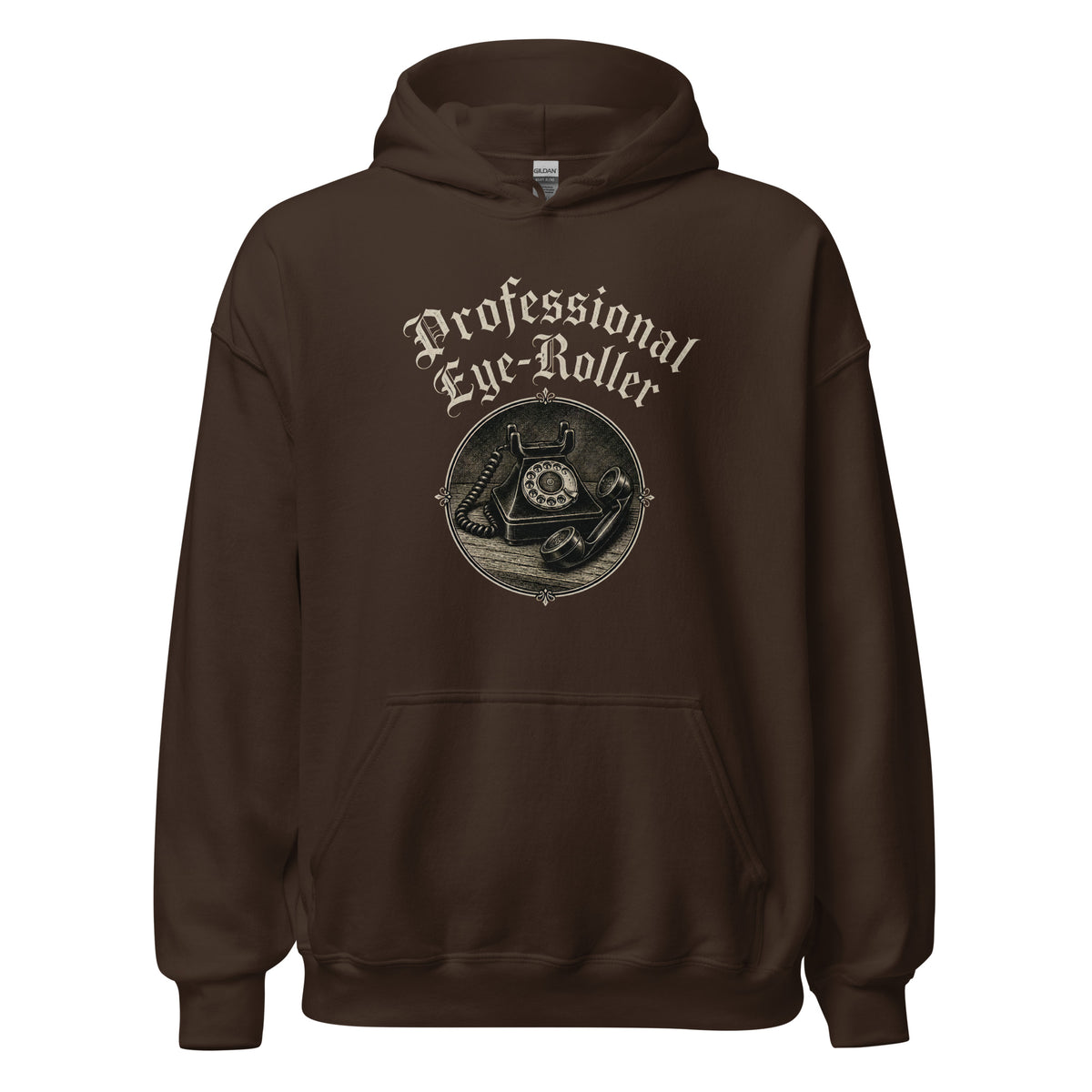 Front view mockup of a dark chocolate brown unisex pullover hoodie featuring a retro Professional Eye-Roller graphic