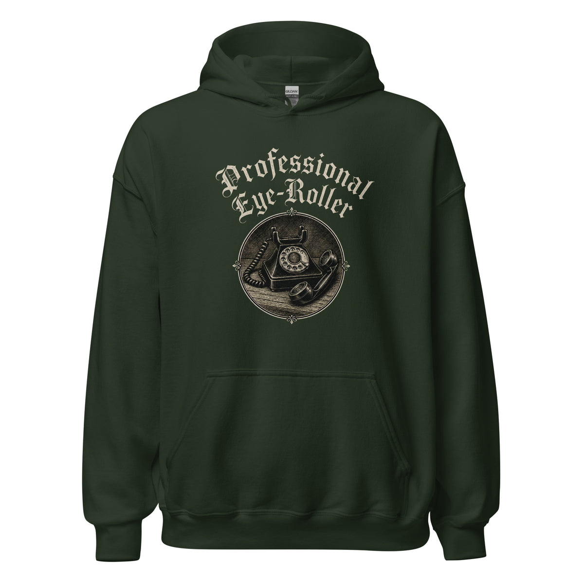 Front view mockup of a forest green unisex pullover hoodie featuring a retro Professional Eye-Roller graphic
