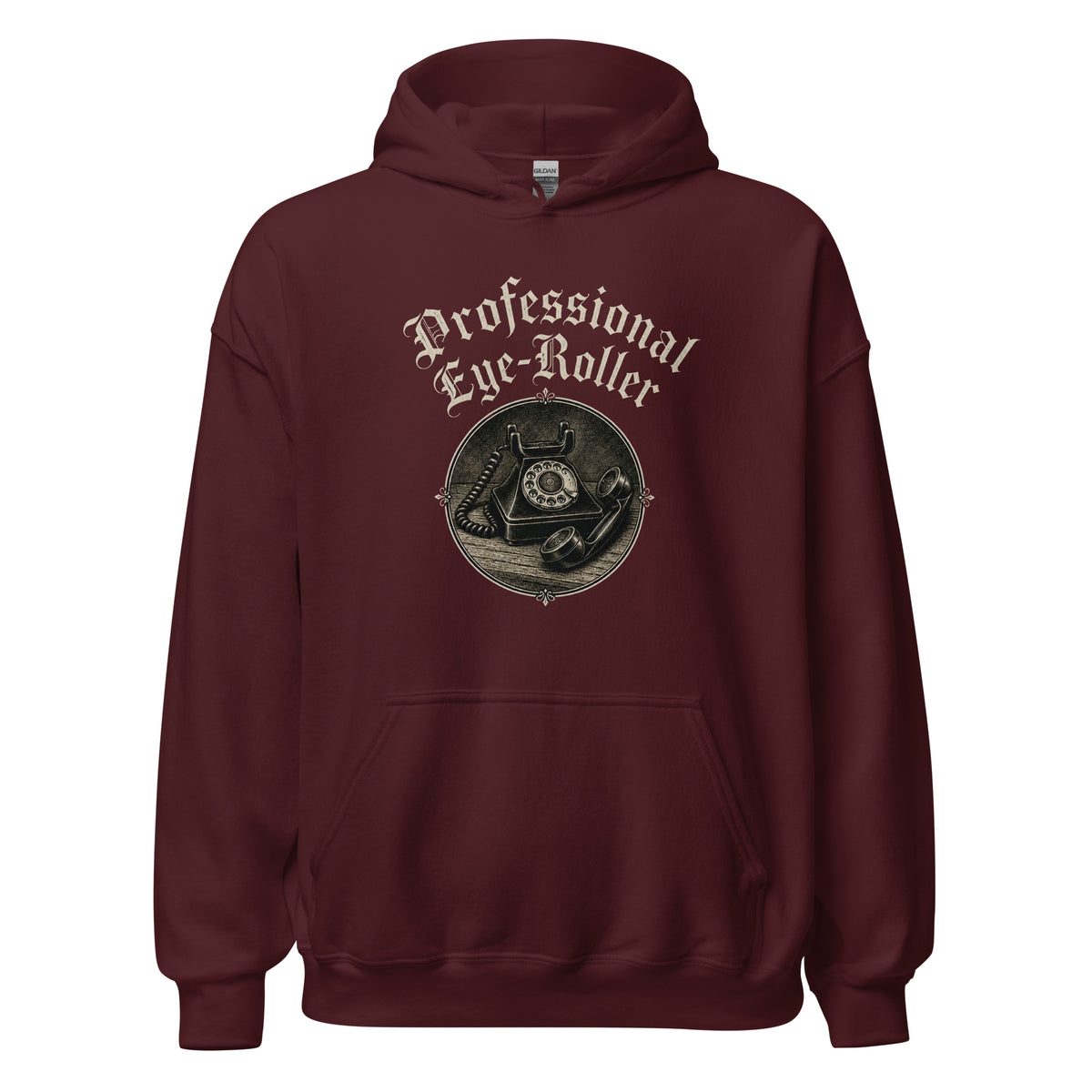 Front view mockup of a maroon red unisex pullover hoodie featuring a retro Professional Eye-Roller graphic