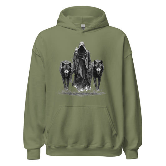 Vintage Gothic Grim Reaper Hoodie | Cloaked Skeleton & Wolves Fleece Pullover — front view