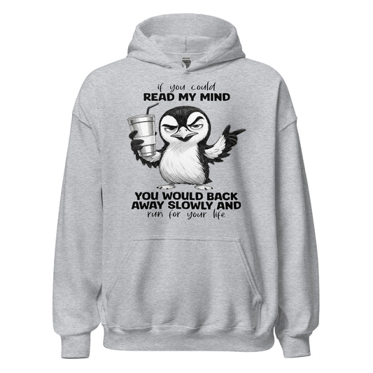 "Back Away Slowly" Grumpy Penguin Graphic Hoodie | Sarcastic Coffee Lover Unisex — front view