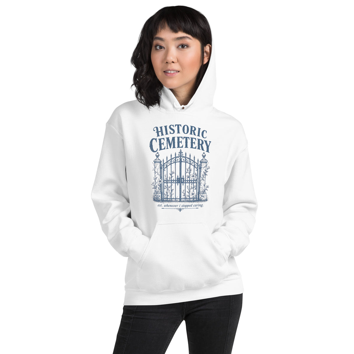 Historic Cemetery Gates Hoodie | Vintage Gothic Architecture Pullover — lifestyle model view