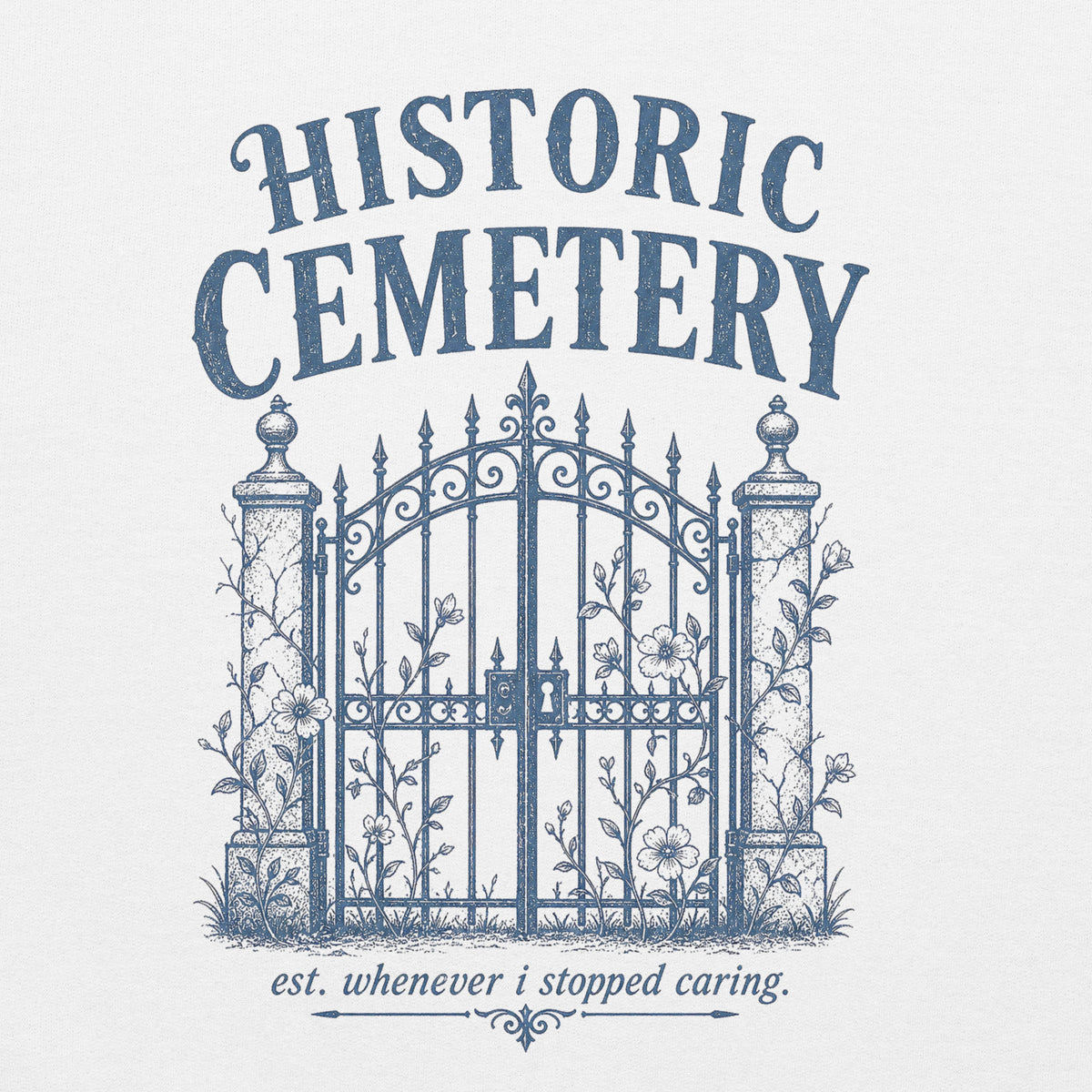 Close-up of intricate vintage cemetery gate illustration with gothic filigree printed on fleece.