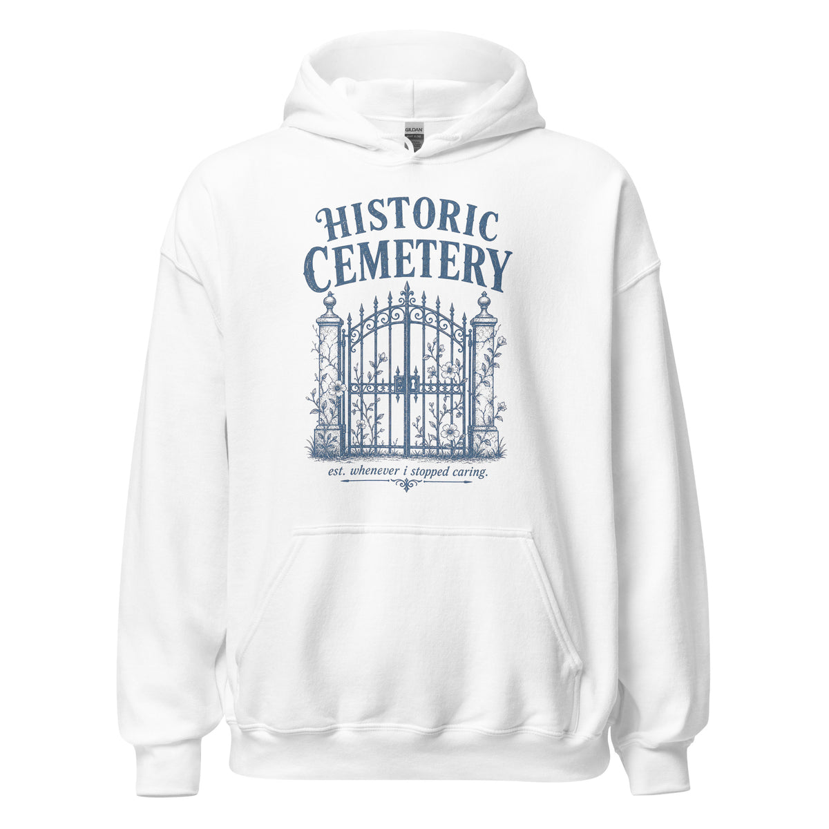 White gothic architecture cemetery gates hoodie laid flat showing front pocket and drawstring hood.