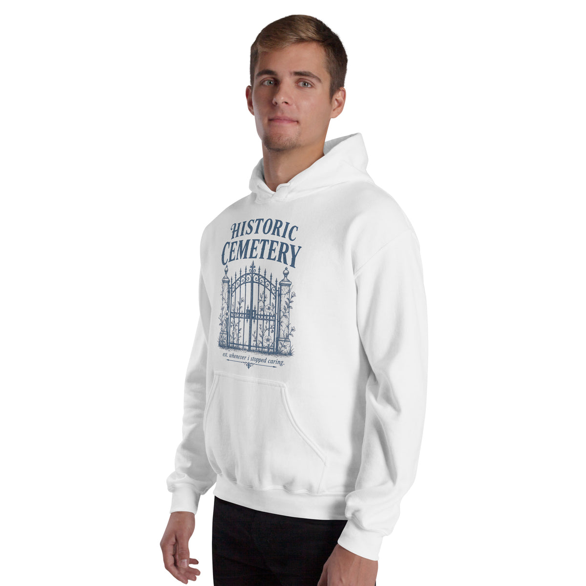 Model wearing oversized vintage gothic cemetery gates hoodie styled for fall dark academia aesthetic.